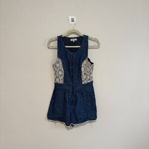 Monteau Denim Lace Romper, Blue, Size S